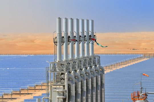 Solar plant Shams 1 in the desert of Abu Dhabi, the United Arab Emirates