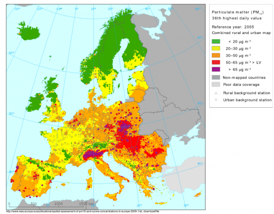 Vrednos PM10 v Evropi. Klikni na sliko za povečavo.