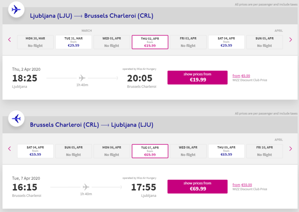 wizz-air-ljubljana-Brussels-Charleroi-poletje-2020-cenik