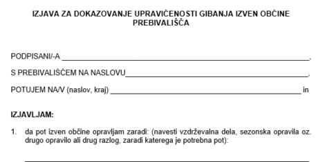 Izjava za dokazovanje upravičenosti gibanja izven občine prebivališča