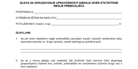 Izjava za dokazovanje upravičenosti gibanja izven statistične regije prebivališča