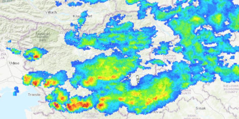 Radarska slika padavin animacija v živo Slovenija zemljevid
