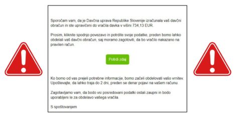 Vračilo davka email Davčne uprave Lažna elektronska sporočila Finančne uprave Republike Slovenije o vračilu davka