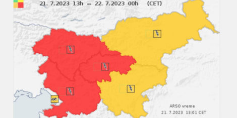 Rdeči alarm toča, nevihte Slovenija 21.7.2023 ARSO je izdal rdeči alarm za zahod Slovenije in osrednjo Slovenijo