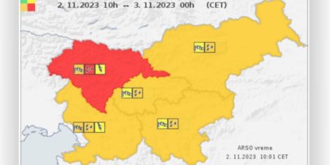 Rdeči alarm poplave in veter 2.11.2023 in 3.11.2023 ARSO je razglasil rdeči alarm opozorilo za Slovenijo zaradi možnosti poplav in močnega vetra