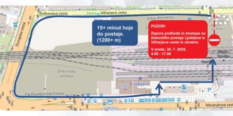 Popolna zapora podhoda na železniški postaji Ljubljana 30. julija bo za potnike podaljšala dostop za 15 minut