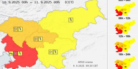 Rdeči alarm ARSO zaradi padavin in možnosti poplav razglašen za jugozahod Slovenije (Primorska) za 10.9.2025  Vreme padavine
