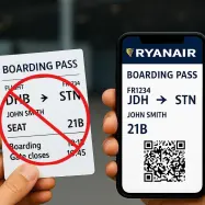 Ryanair 12 novembra 2025 ukinja papirnate vozovnice, boarding pass (vstopnik upon) bo zdaj le v digitalni obliki