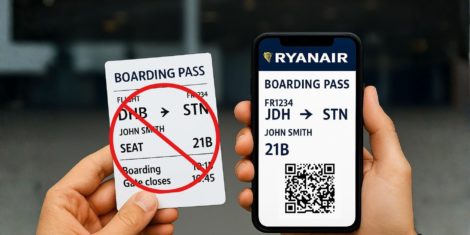 Ryanair 12 novembra 2025 ukinja papirnate vozovnice, boarding pass (vstopnik upon) bo zdaj le v digitalni obliki
