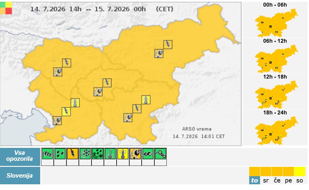 Prihajajo nevihte s točo in vetrom, za 14.7.2026 je razglašen oranžni alarm za celotno Slovenijo 1