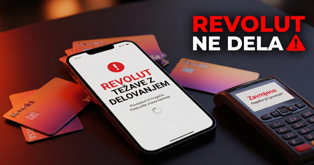 Revolut ne dela, Revolut se 20.10.2026 tudi v Sloveniji sooča z obsežnim izpadom, saj so težave s plačili, karticami, aplikacijo in nakazili